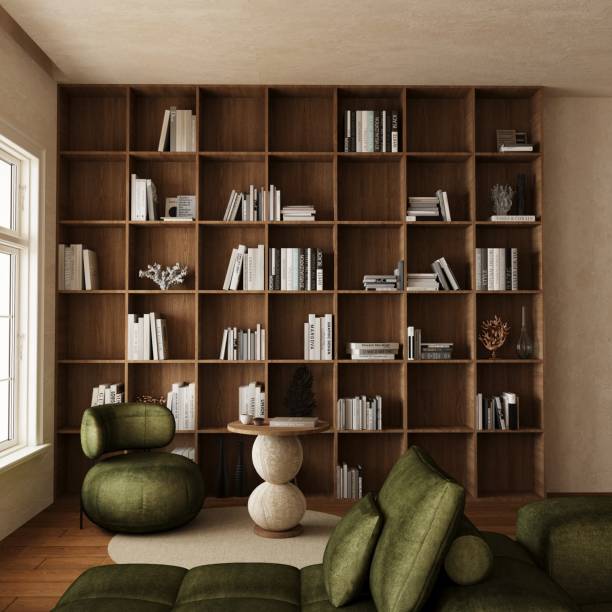 living room shelf decor books ceramics plants warm tones styled shelves
