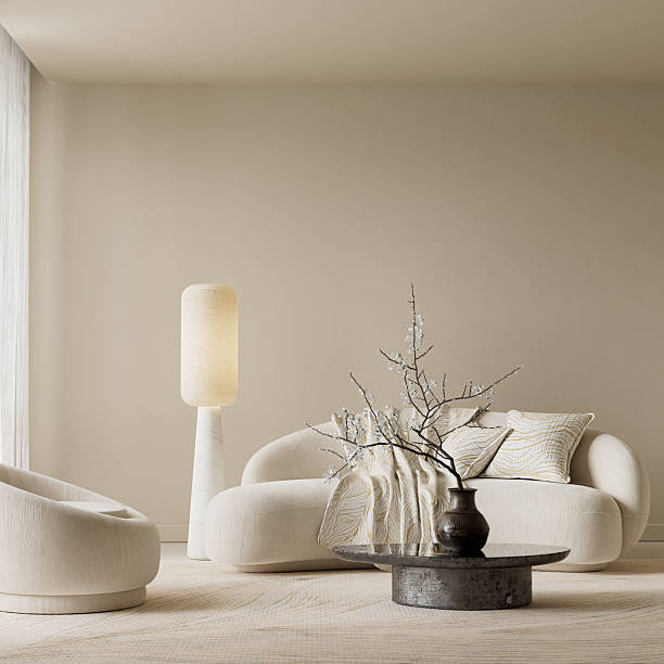 modern living room decor ideas curved sofa sculptural lamp organic shapes